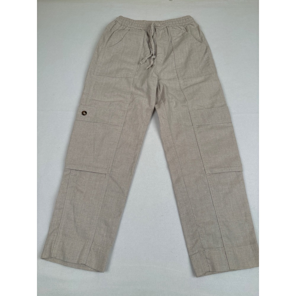 Wishlist Linen Blend Cargo Pants Tan Beige Herringbone Elastic Waist‎ Small